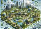 Un manifesto con parole e immagini: futuro sostenibile, oasi verdi, parchi lussureggianti, edifici sostenibili, pannelli solari, parchi eolici, orti urbani, biodiversità, sensori e droni che monitorano la qualità dell'aria, economia circolare, riciclo, responsabilità, generazioni future.