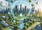 Futuro sostenibile, oasi verdi, parchi lussureggianti, edifici sostenibili, pannelli solari, parchi eolici, orti urbani, biodiversità, sensori e droni che monitorano la qualità dell'aria, economia circolare, riciclo, responsabilità, generazioni future.
