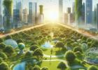 Un futuro sostenibile, con oasi verdi, parchi lussureggianti ed edifici progettati per ridurre al minimo l'impatto ambientale.