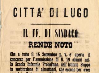 Questo avviso sui muri della cittadina romagnola nell’agosto 1888, firmato dal sindaco Ercole Bedeschi, rivela una sintonia d’intenti tra la giunta di espressione democratico o progressista e l’attività di Ernesta Galletti Stoppa.