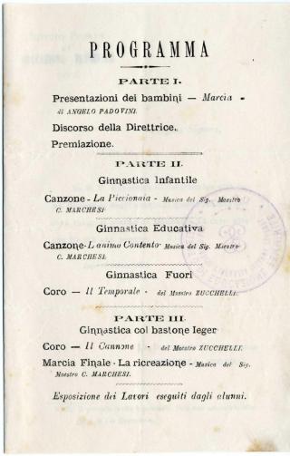 Invito alla festa scolastica dell'Istituto Privato di Educazione femminile di Lugo. Presentazione delle attività dei bambini del giardino d’infanzia per la festa scolastica, come si può notare l’attività ginnica rappresentava un momento fondamentale per l’educazione infantile.