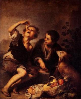 Il dipinto raffigura un ragazzo che sta per mangiare in strada un dolce osservato da un altro ragazzo e da un cane.
