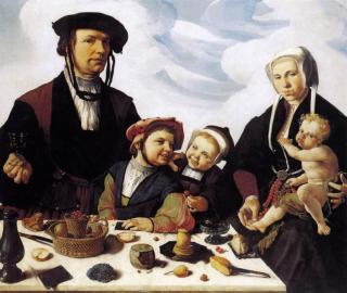 Il dipinto raffigura una famiglia composta da tre bambini, la mamma e il papà davanti a una tavola su cui sono posizionati diversi alimenti.