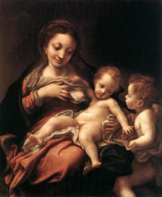 Madonna del latte e un angelo. Il dipinto raffigura l'incontro fra il Bambino Gesù e un Angelo che gli porge un ramo di bacche rosse.