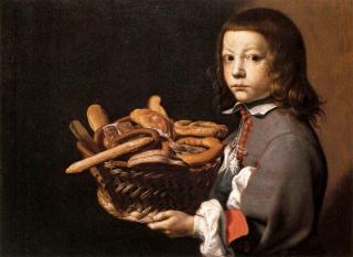 Il dipinto rappresenta un bambino che regge un cesto pieno di pane.