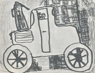 Disegno di un'automobile con alcuni edifici sullo sfondo