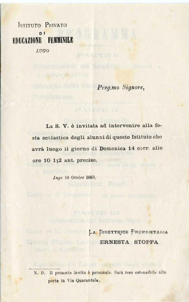 Invito alla festa scolastica dell'Istituto Privato di Educazione femminile di Lugo. Presentazione delle attività dei bambini del giardino d’infanzia per la festa scolastica, come si può notare l’attività ginnica rappresentava un momento fondamentale per l’educazione infantile.