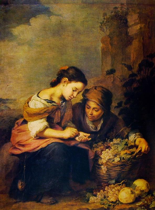  Il dipinto raffigura due ragazze in strada con un grande cesto pieno di frutta.