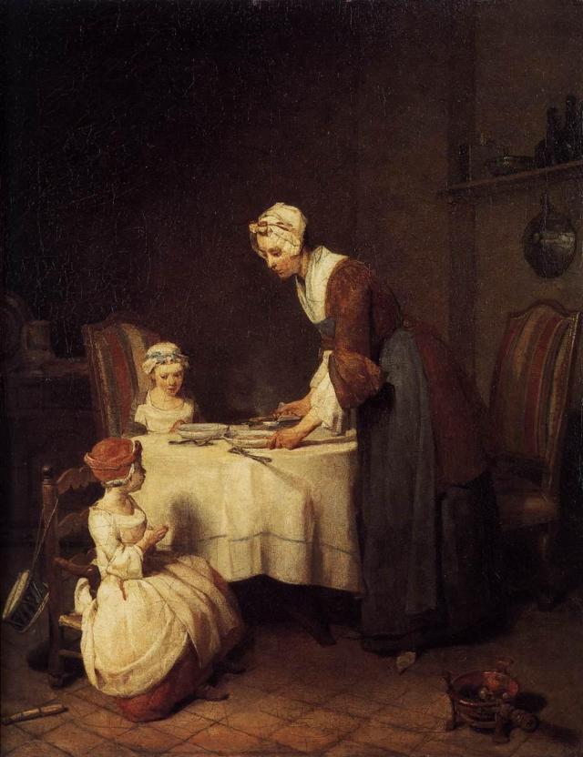 Il dipinto raffigura due bambine sedute a tavola e la mamma in piedi nel momento della preghiera prima del pasto.