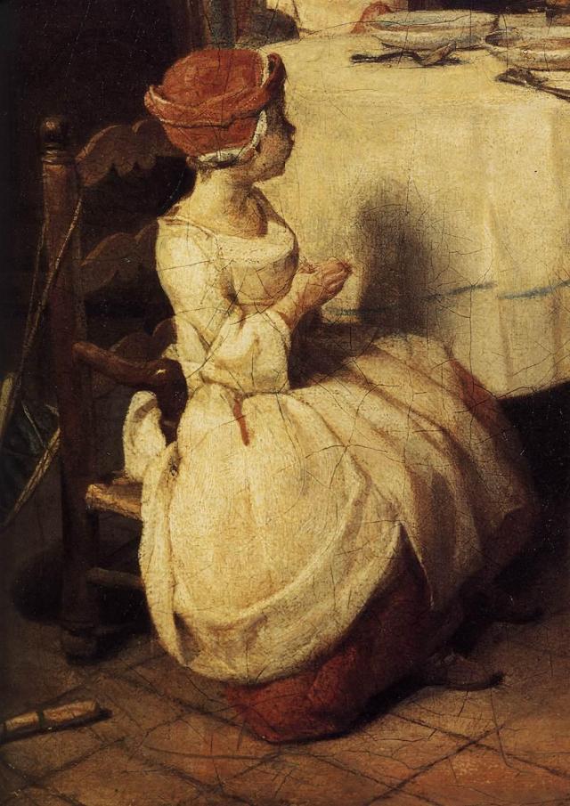 Dettaglio dell'opera che raffigura una bambina seduta al momento della preghiera.