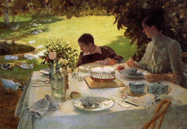 Il dipinto rappresenta la moglie e il figlio dell’artista impegnati nella colazione mattutina in giardino con il terzo posto ,quello dell'artista stesso, lasciato vuoto.