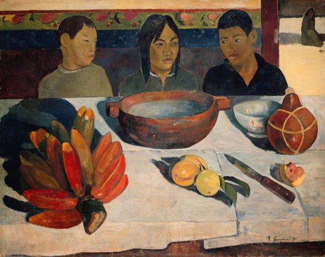 Il dipinto ritrae due ragazzi di Tahiti davanti ad una tavola. 