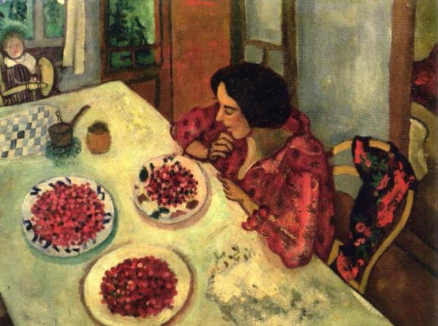 Il dipinto rappresenta la moglie e la figlia dell’artista al tavolo su cui sono raffigurati tre piatti colmi di fragole.