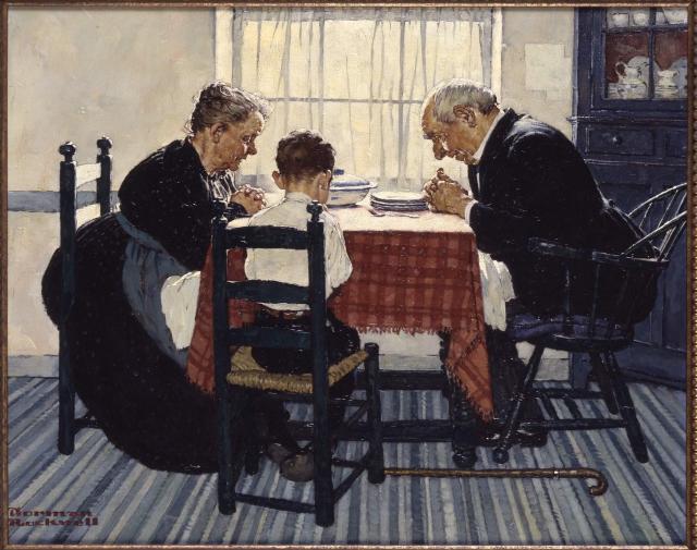 Il dipinto rappresenta una famiglia a tavola nel momento della preghiera.