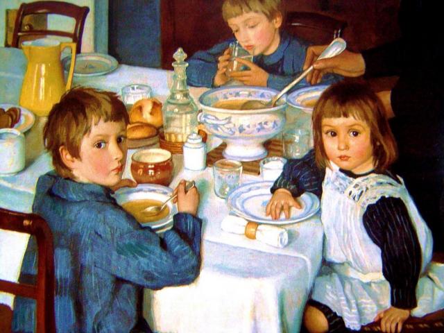 l dipinto rappresenta tre bambini a tavola nel momento in cui il pasto viene servito.