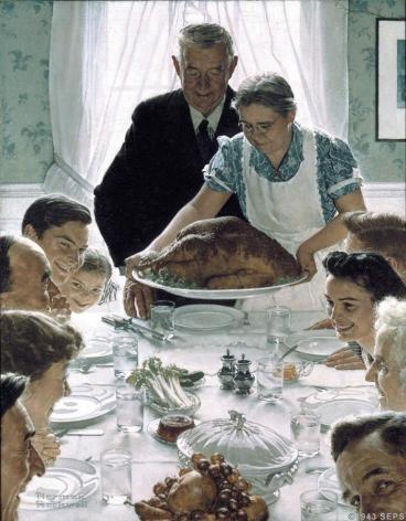 Il dipinto rappresenta una famiglia numerosa intorno al tavolo in un giorno di festa nel momento in cui viene servita la portata principale. 