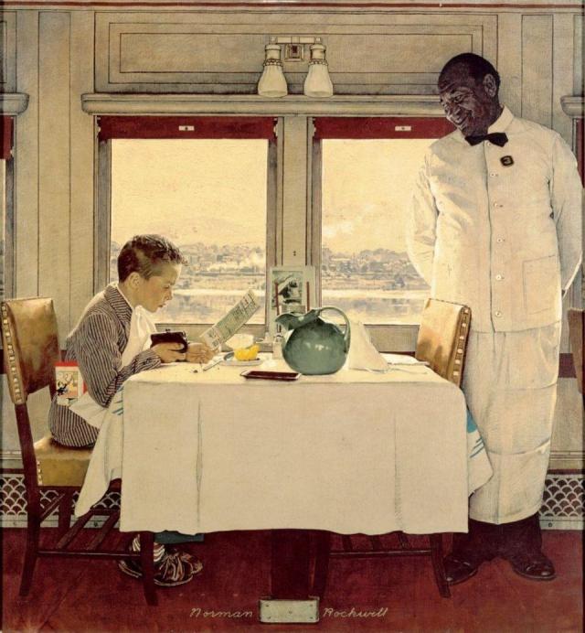 Il dipinto raffigura un bambino che guarda il menù e davanti a lui in piedi un cameriere.