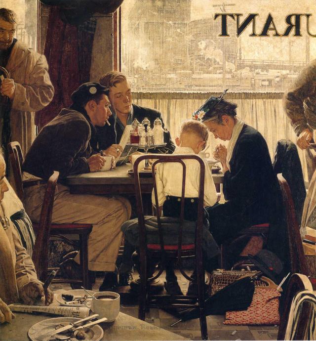 Il dipinto raffigura una donna e un bambino in un locale pubblico mentre pregano seduti a un tavolo.