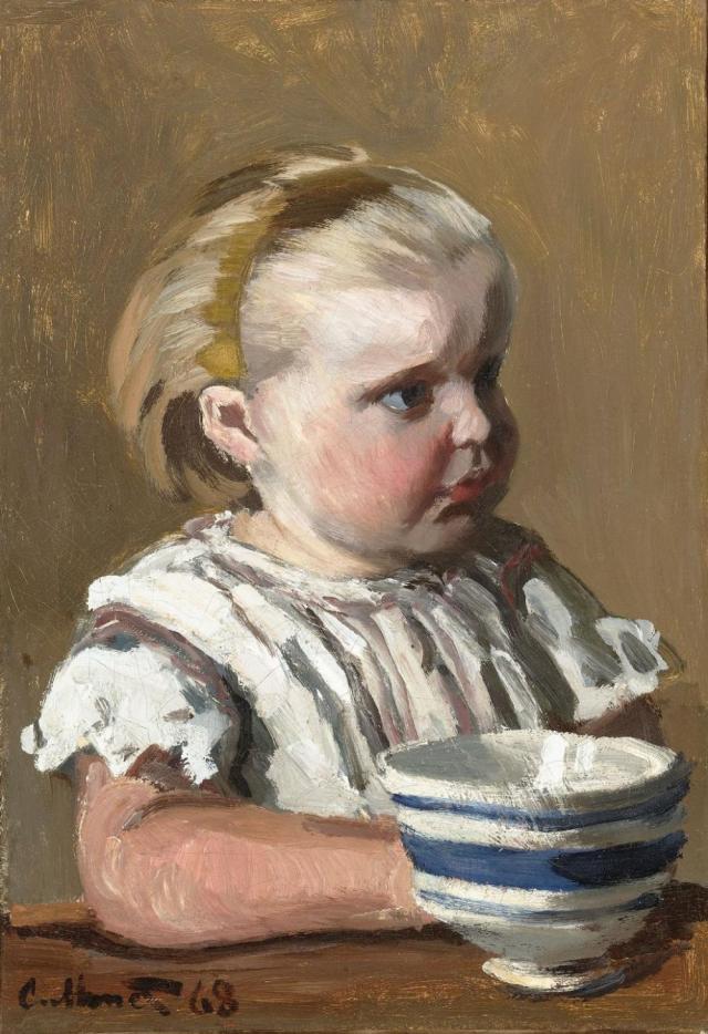 Il dipinto raffigura il figlio dell'artista seduto davanti ad una tazza bianca a righe blu.