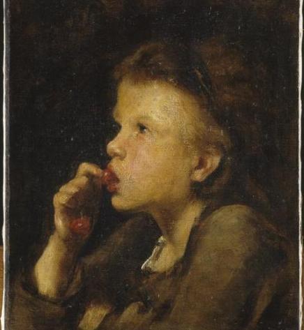 Il dipinto raffigura il ritratto di una bambina mentre mangia una ciliegia.
