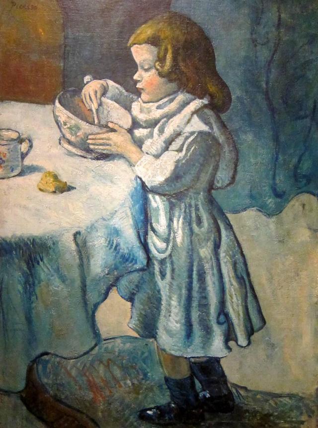 Il dipinto raffigura una bambina in piedi davanti ad un tavolo che mangia da una ciotola.