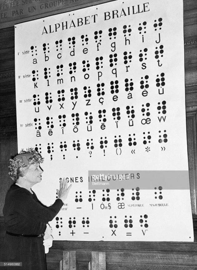 Keller mostra l'alfabeto Braille alla Sorbonne