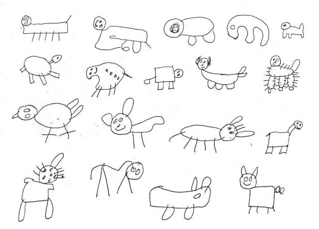 Animali con diversi tipi di testa, gambe e coda ed alcune linee aggiunte