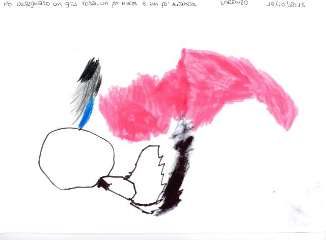 Una gru rosa, un po' nera e un po' bianca