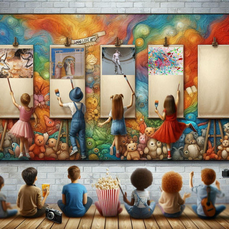 L'oggetto dell'immagine è un murales rappresentante cinque tele. Le prime quattro riportano nella parte alta delle opere d'arte di vari periodi (arte rupestre con la grotta di Lascaux, arte medievale rappresentata da Giotto con il bacio tra Gioacchino e Anna, arte moderna con il David di Michelangelo e, infine, l'arte contemporanea rappresentata dal dripping di Pollock, l'ultima tela è bianca. Quattro bambini riproducono le immagini proposte, altri fungono da spettatori su una panchina.