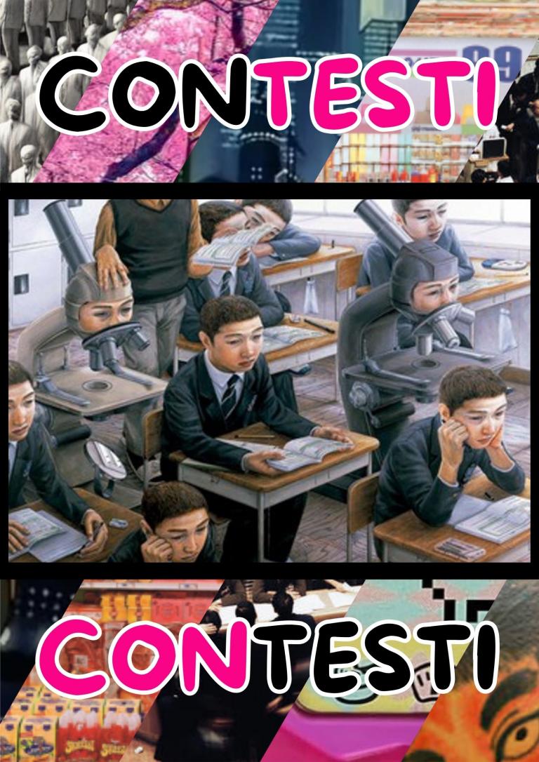 Poster ConTESTI. L'immagine di copertina contiene nella parte centrale l'opera "Awakening" di Ishida Tetsuya, sovrapposta al poster creato dal nostro gruppo e utilizzato come elemento centrale della mostra.